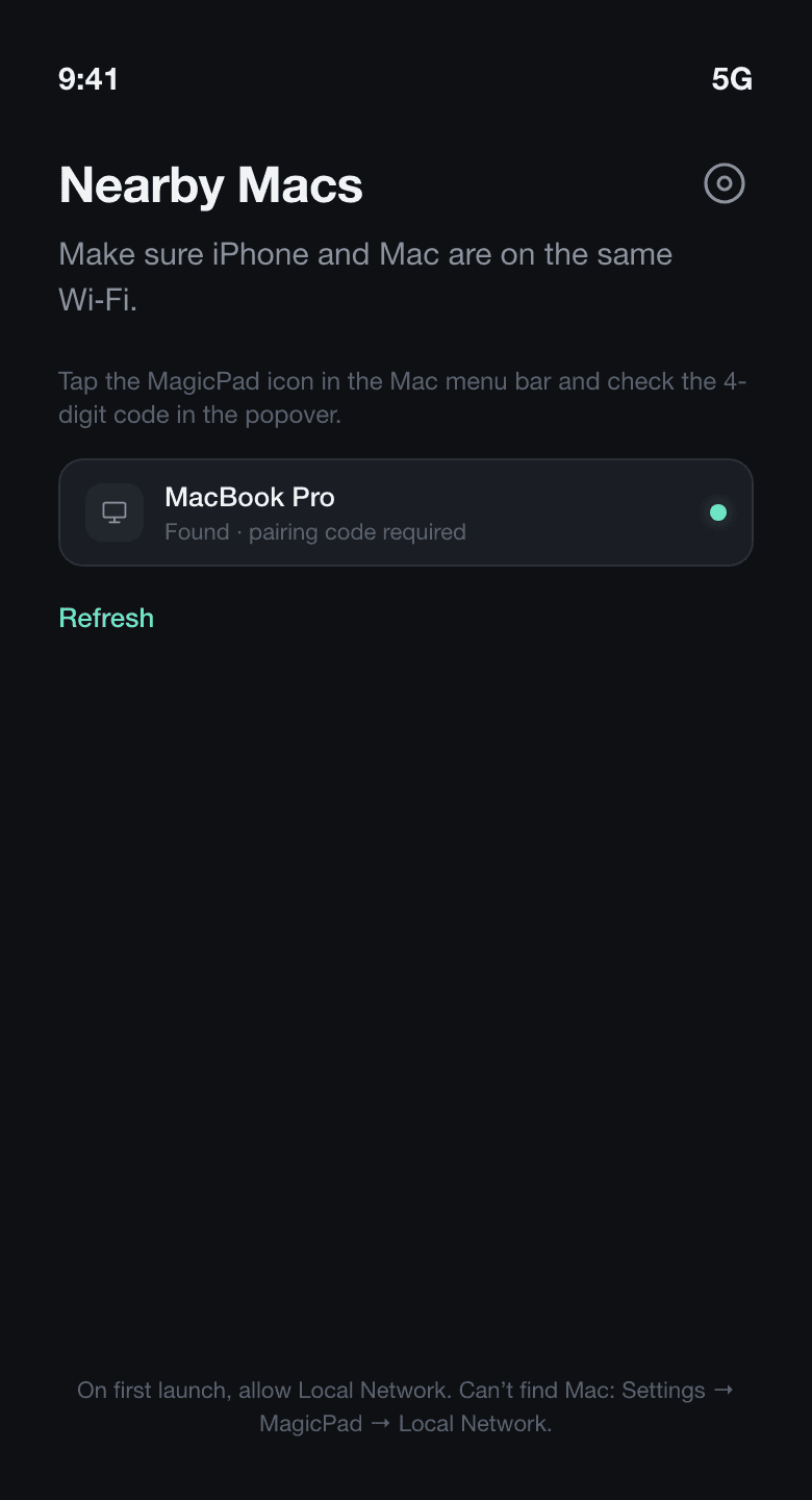 iPhone 上的 MagicPad 发现附近的 MacBook Pro，等待输入配对码