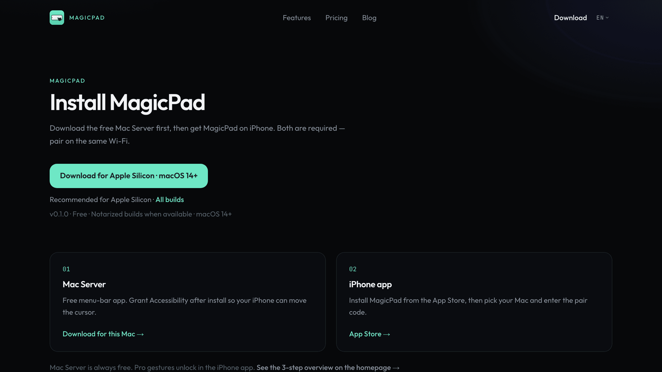 MagicPad 官网下载页：免费 Mac Server 与 iPhone App